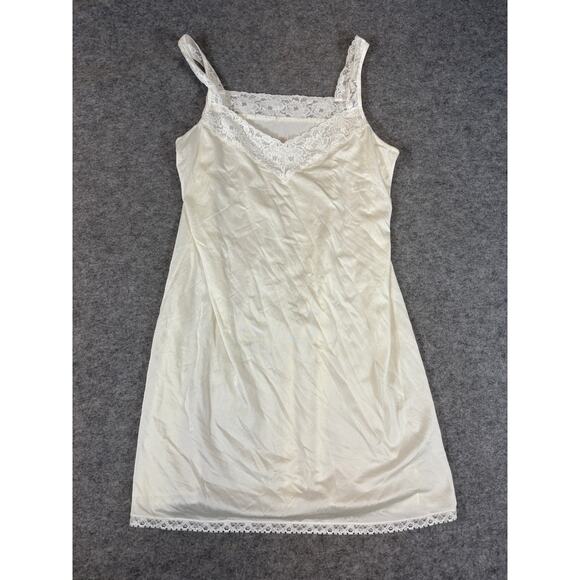 VINTAGE Vanity Fair Mini Dress Womens Size 38 Ivory Lace Trim Lingerie Babydoll - Picture 1 of 4